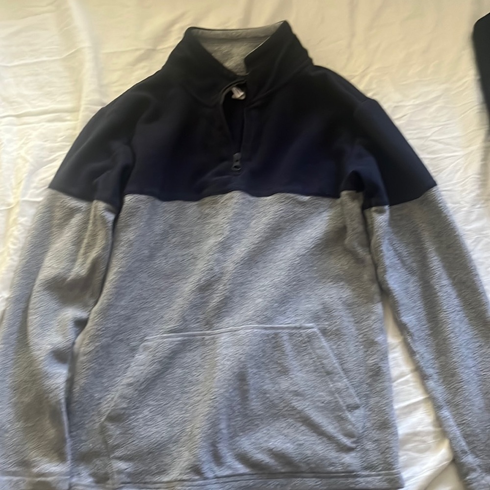 Children place dark blue and gray fleece with 3/4 zipper & front pocket size 14
